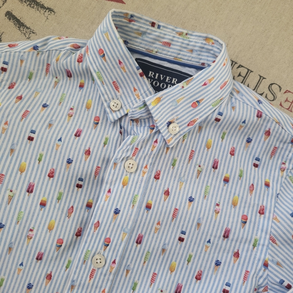 Boys Blue Striped Shirt with Multicolor Popsicle Print